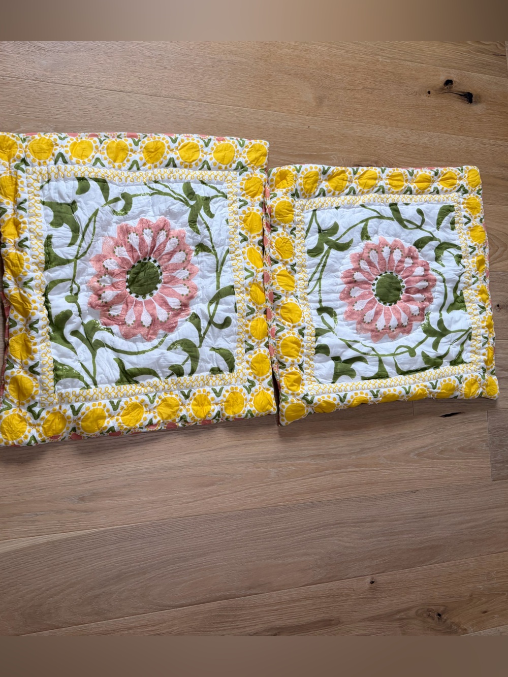 Floral Quilted Square Pillow Shams in Pink, Yellow & Green